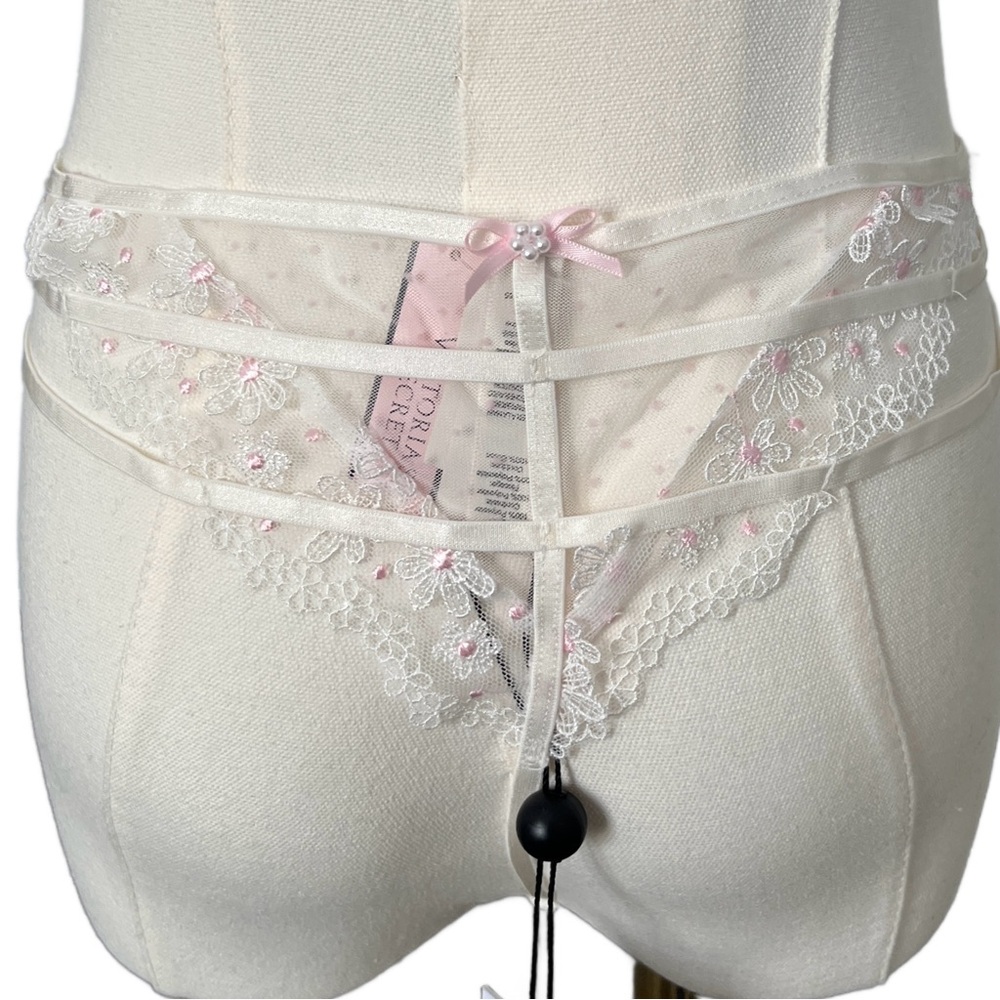 For Love And Lemons Sheer White Lace Thong Panty with Pink Embroidery - Picture 3 of 8
